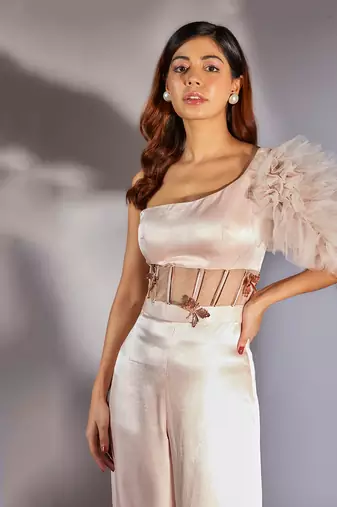 Baby pink embroidered one shoulder corset jumpsuit