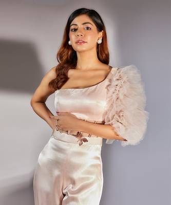 Baby pink embroidered one shoulder corset jumpsuit 3