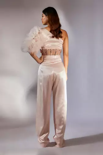 Baby pink embroidered one shoulder corset jumpsuit
