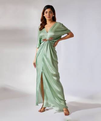 Sage green embroidered draped dress 1