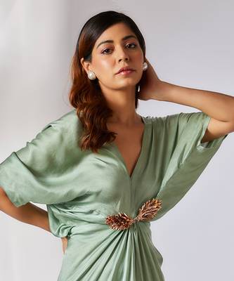 Sage green embroidered draped dress 2