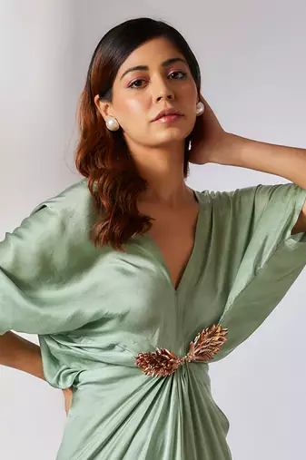 Sage green embroidered draped dress