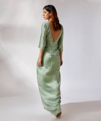Sage green embroidered draped dress 3