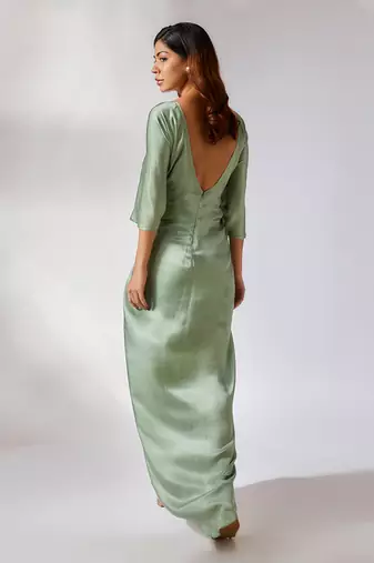 Sage green embroidered draped dress