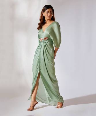 Sage green embroidered draped dress 4