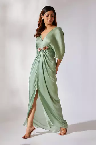 Sage green embroidered draped dress