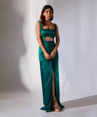 Teal green embroidered cutout dress 1