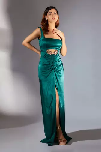 Teal green embroidered cutout dress