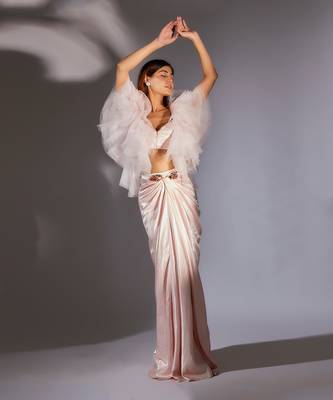 Baby pink embroidered ruffle draped skirt set 1