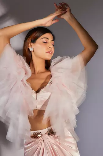 Baby pink embroidered ruffle draped skirt set