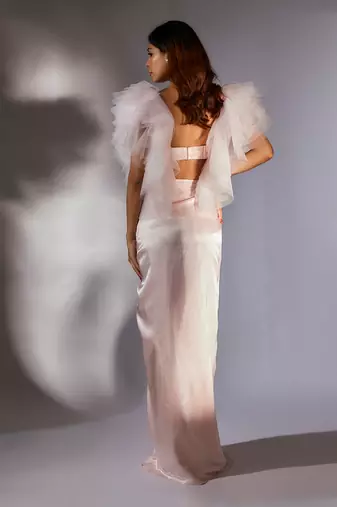 Baby pink embroidered ruffle draped skirt set