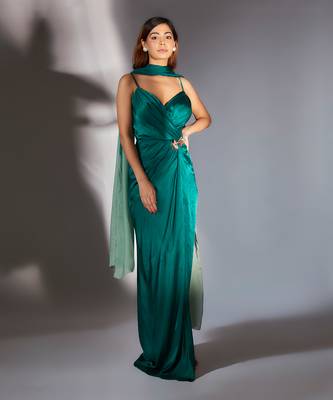 Teal green embroidered draped dress 1