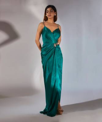 Teal green embroidered draped dress 2