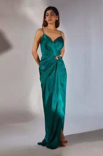 Teal green embroidered draped dress