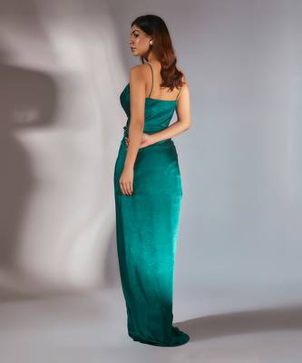 Teal green embroidered draped dress 3