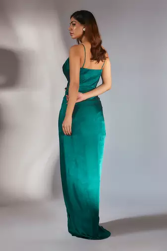 Teal green embroidered draped dress