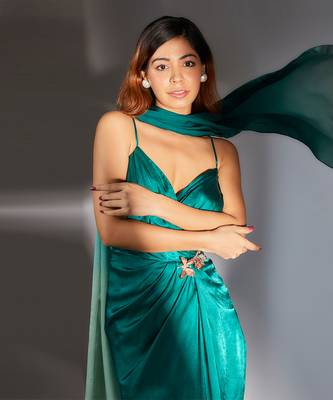 Teal green embroidered draped dress 4