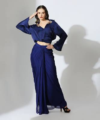 Royal blue embroidered draped shirt set 1