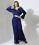 Royal blue embroidered draped shirt set
