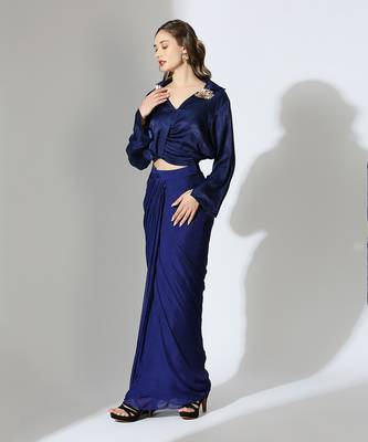 Royal blue embroidered draped shirt set 2