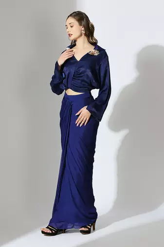 Royal blue embroidered draped shirt set