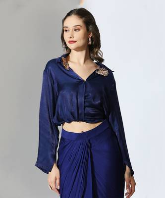 Royal blue embroidered draped shirt set 3