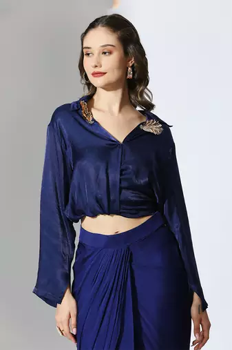 Royal blue embroidered draped shirt set
