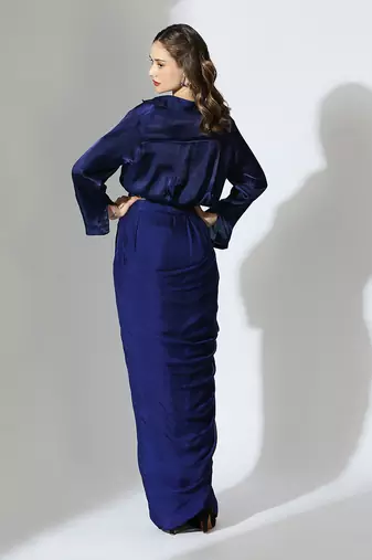 Royal blue embroidered draped shirt set