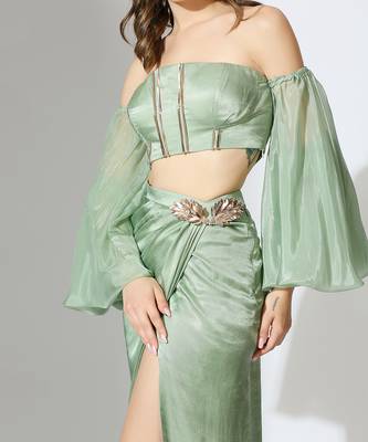 Sage green off shoulder draped skirt set 2