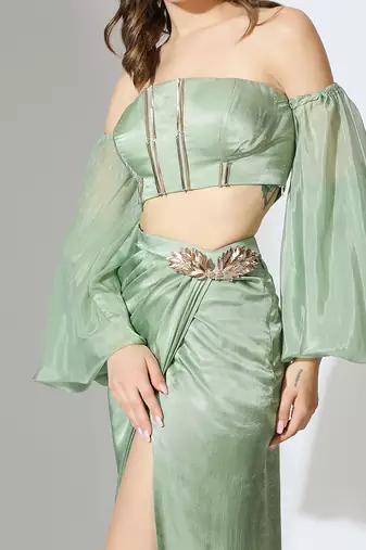 Sage green off shoulder draped skirt set