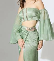 Sage green off shoulder draped skirt set