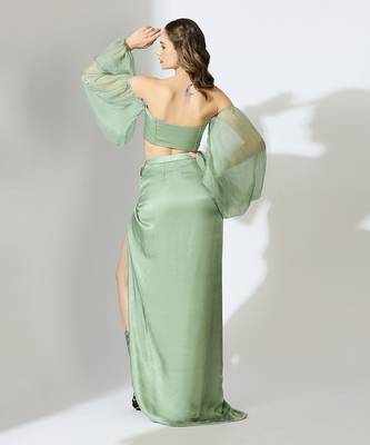 Sage green off shoulder draped skirt set 3