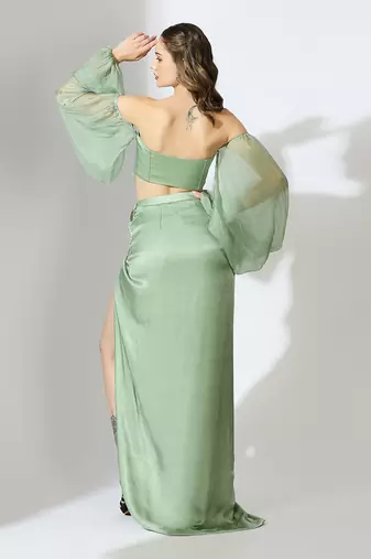 Sage green off shoulder draped skirt set
