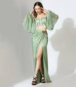 Sage green off shoulder draped skirt set