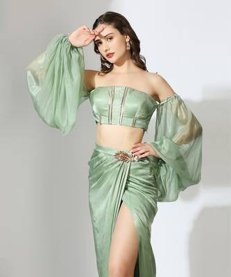 Sage green off shoulder draped skirt set 5