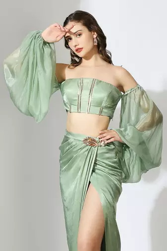 Sage green off shoulder draped skirt set