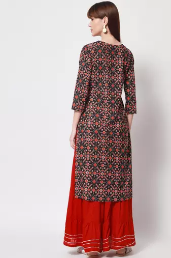 Women's Embroidered Straight Kurti in Black & Red