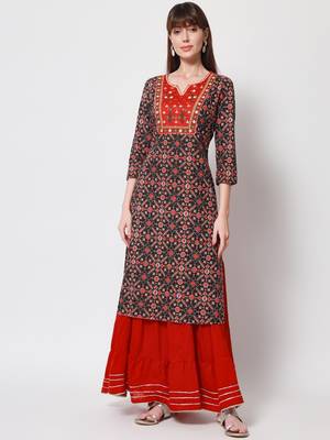 Women's Embroidered Straight Kurti in Black & Red 1