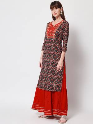 Women's Embroidered Straight Kurti in Black & Red 3