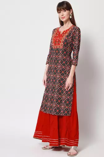 Women's Embroidered Straight Kurti in Black & Red