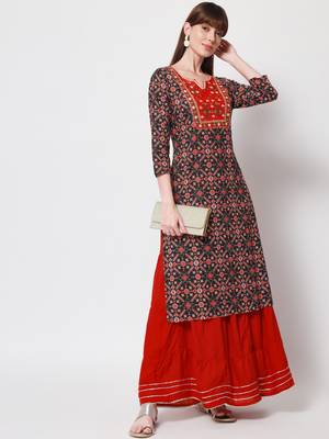 Women's Embroidered Straight Kurti in Black & Red 4