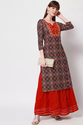 Women's Embroidered Straight Kurti in Black & Red