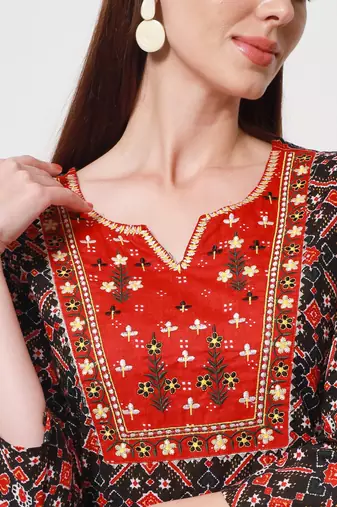 Women's Embroidered Straight Kurti in Black & Red