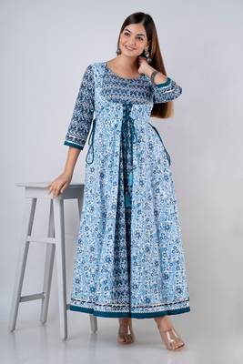 ftDiva Women's Rayon Printed Anarkali kurta in Blue 1