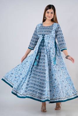 ftDiva Women's Rayon Printed Anarkali kurta in Blue 3