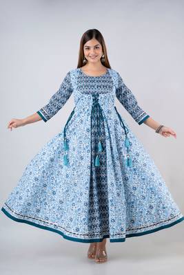 ftDiva Women's Rayon Printed Anarkali kurta in Blue 5