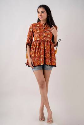 Women's Cotton Floral Printed Tunic in Red 1