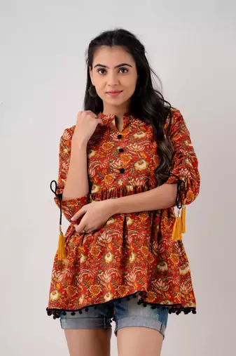 Women's Cotton Floral Printed Tunic in Red