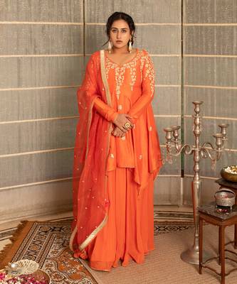 Coral pink modal silk kurta set 1