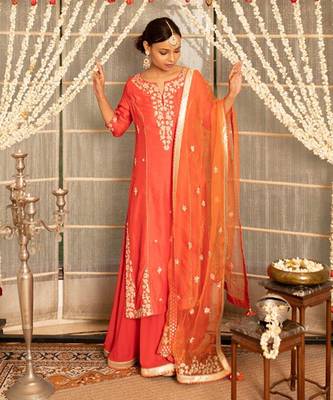 Tangerine orange modal silk kurta set 1